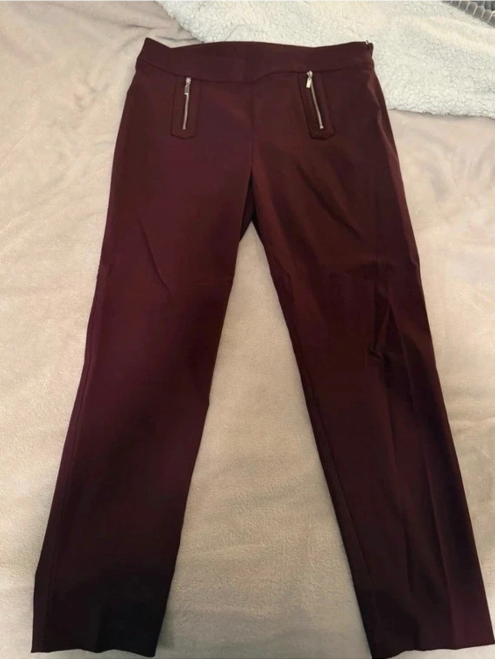 Women’s Burgundy Dress Pants with Front Zip Pockets